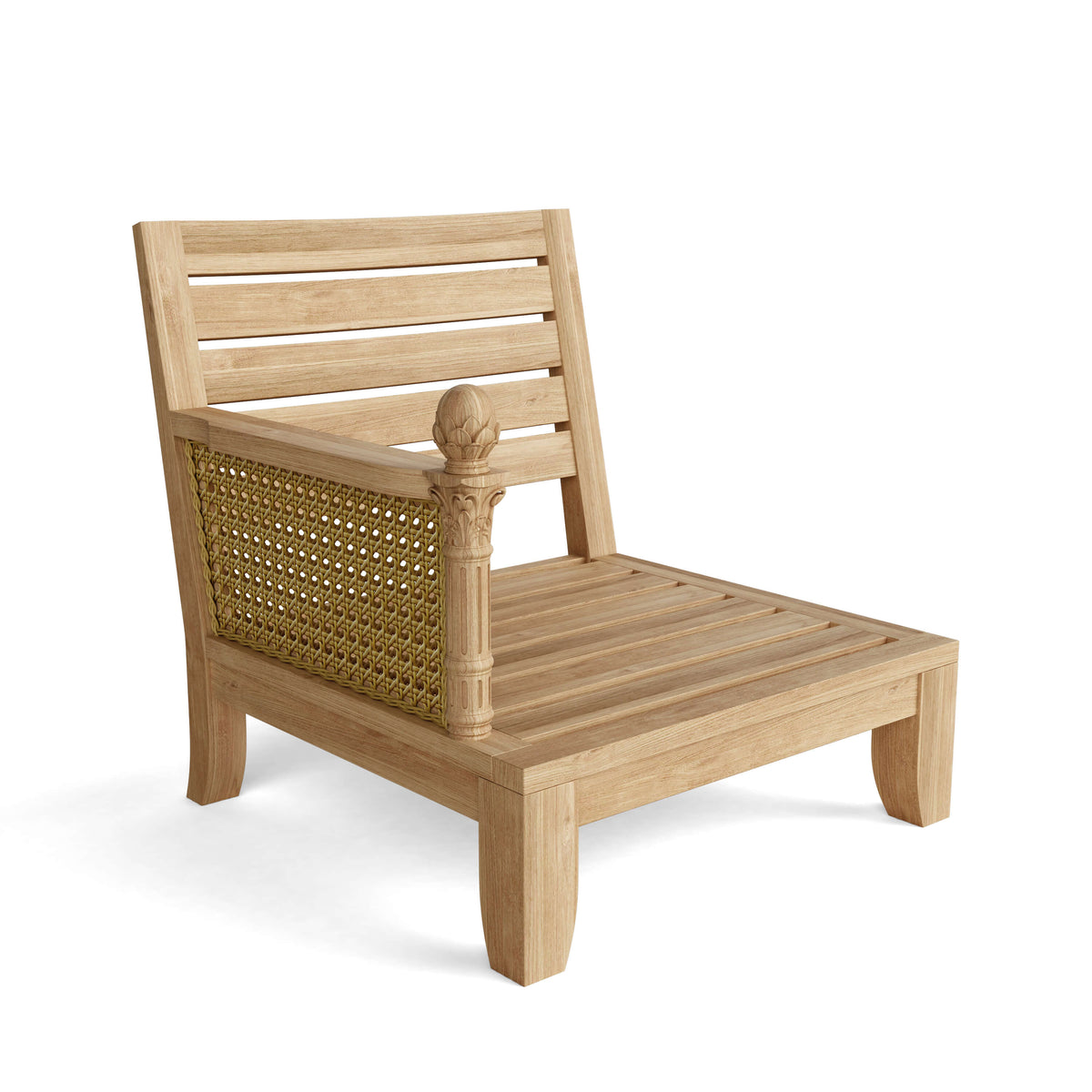 Wooden outdoor chair with woven backrest on a white background