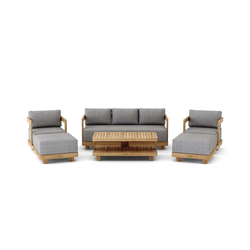 Outdoor furniture set with gray cushions and wooden frames on a white background