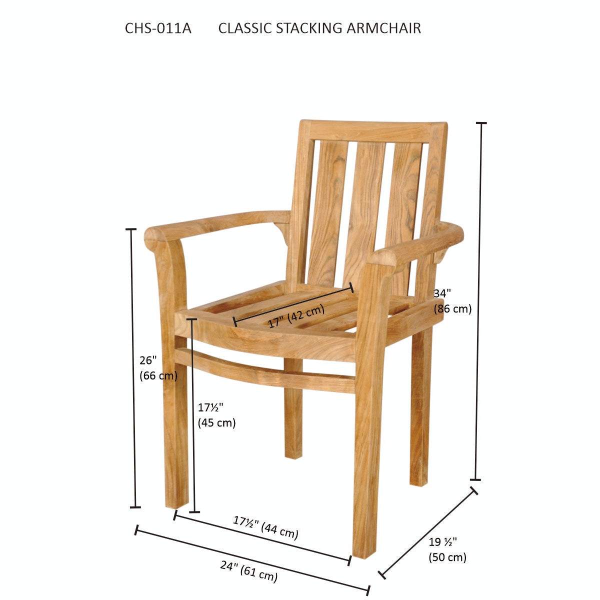Anderson Teak Classic Stackable Armchair Set of 4 - close-up of teak arm and seat detail