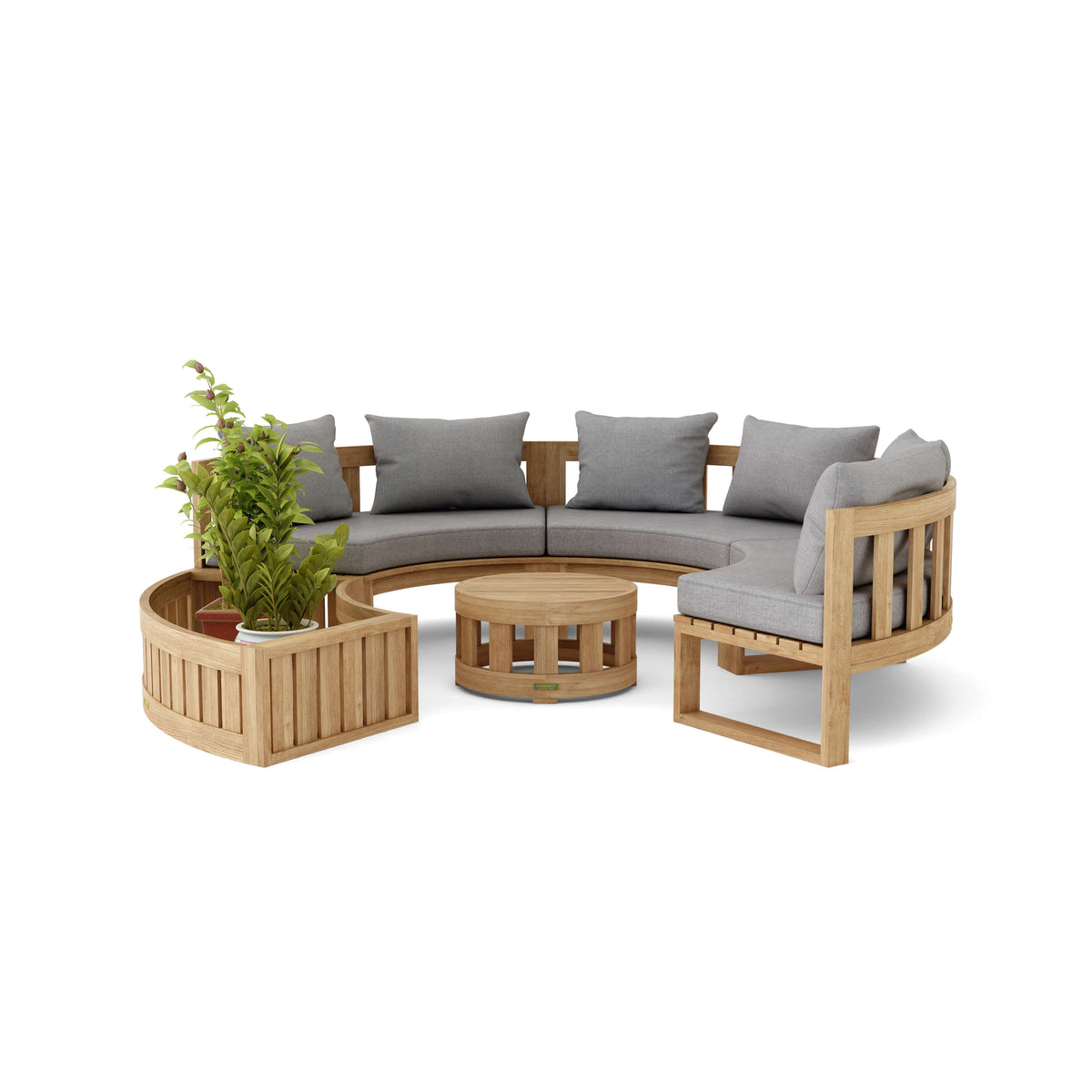 Outdoor furniture set with a curved sofa, coffee table, and plant on a white background