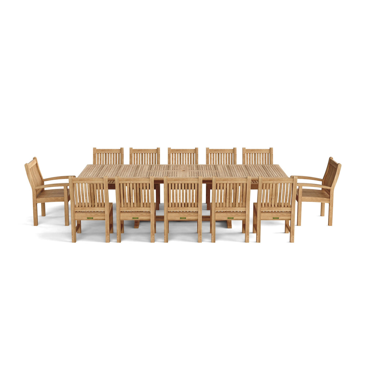 Wooden outdoor dining set with table and chairs on a white background