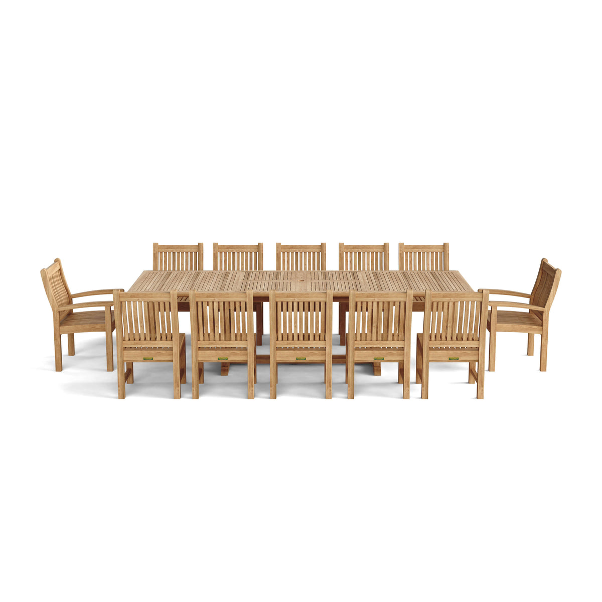 Wooden outdoor dining set with table and chairs on a white background
