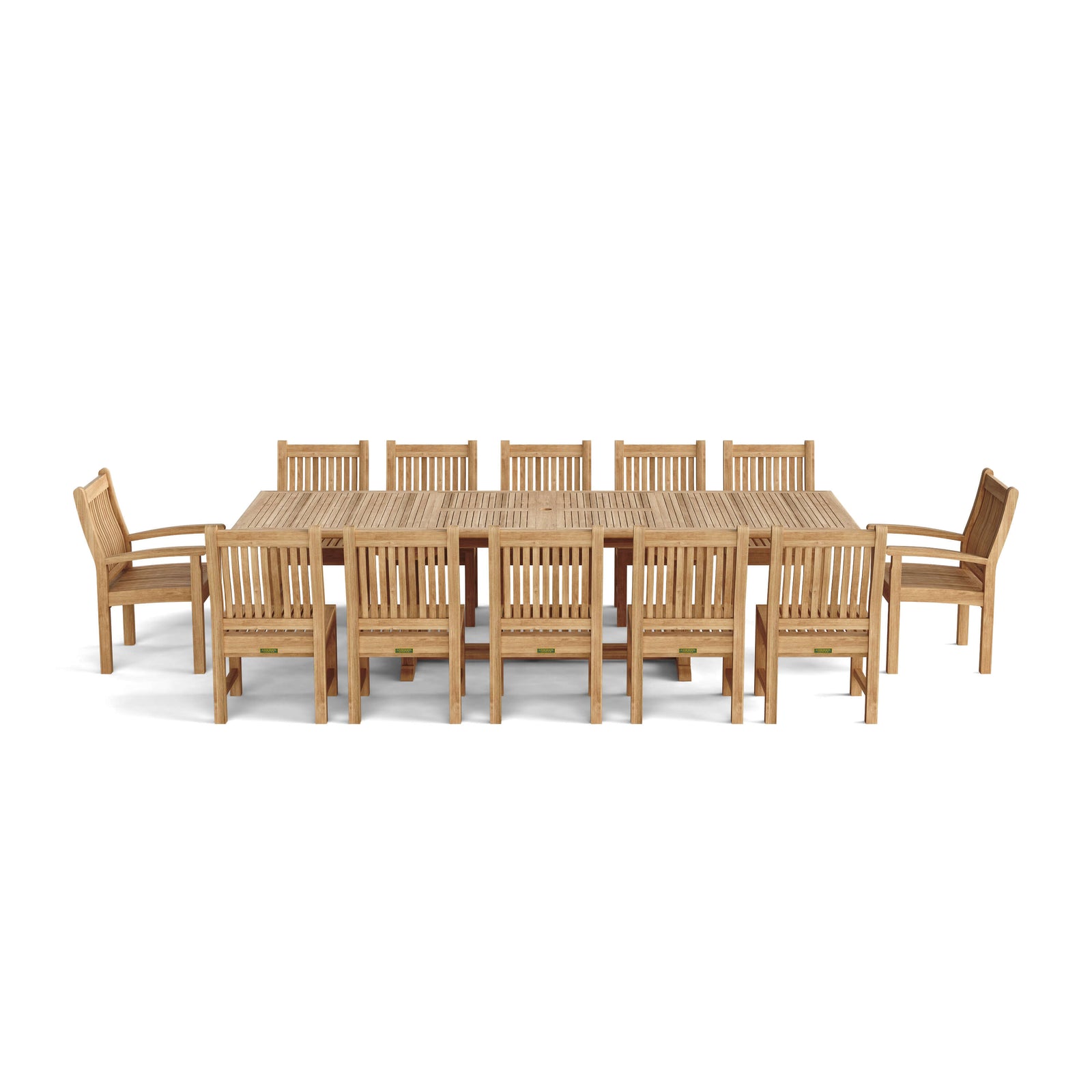 Wooden outdoor dining set with table and chairs on a white background