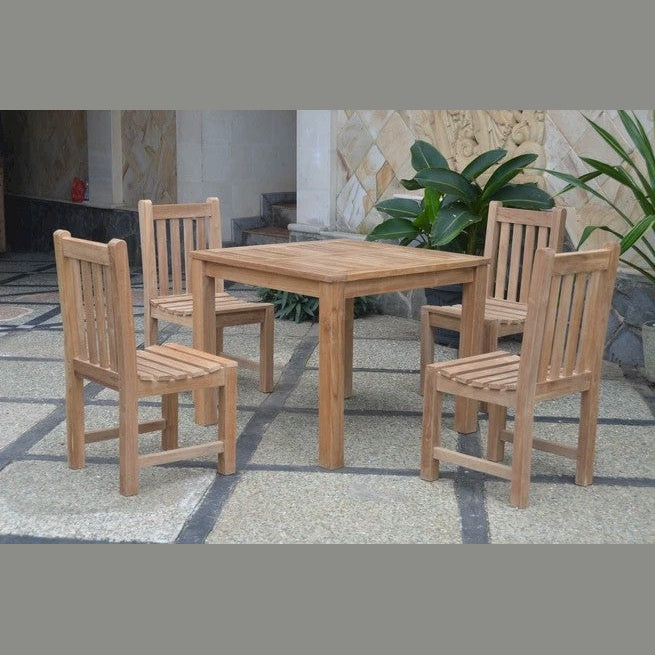 Wooden dining set with table and chairs on a patio