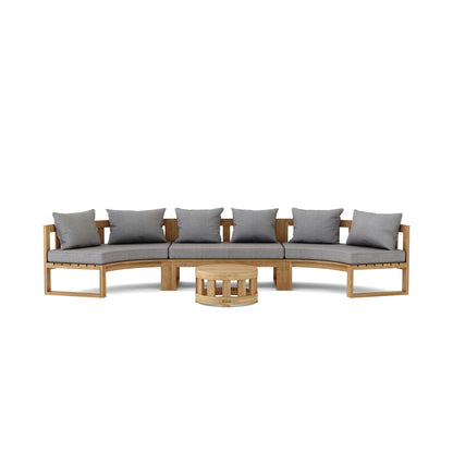 Wooden outdoor sofa with gray cushions on a white background