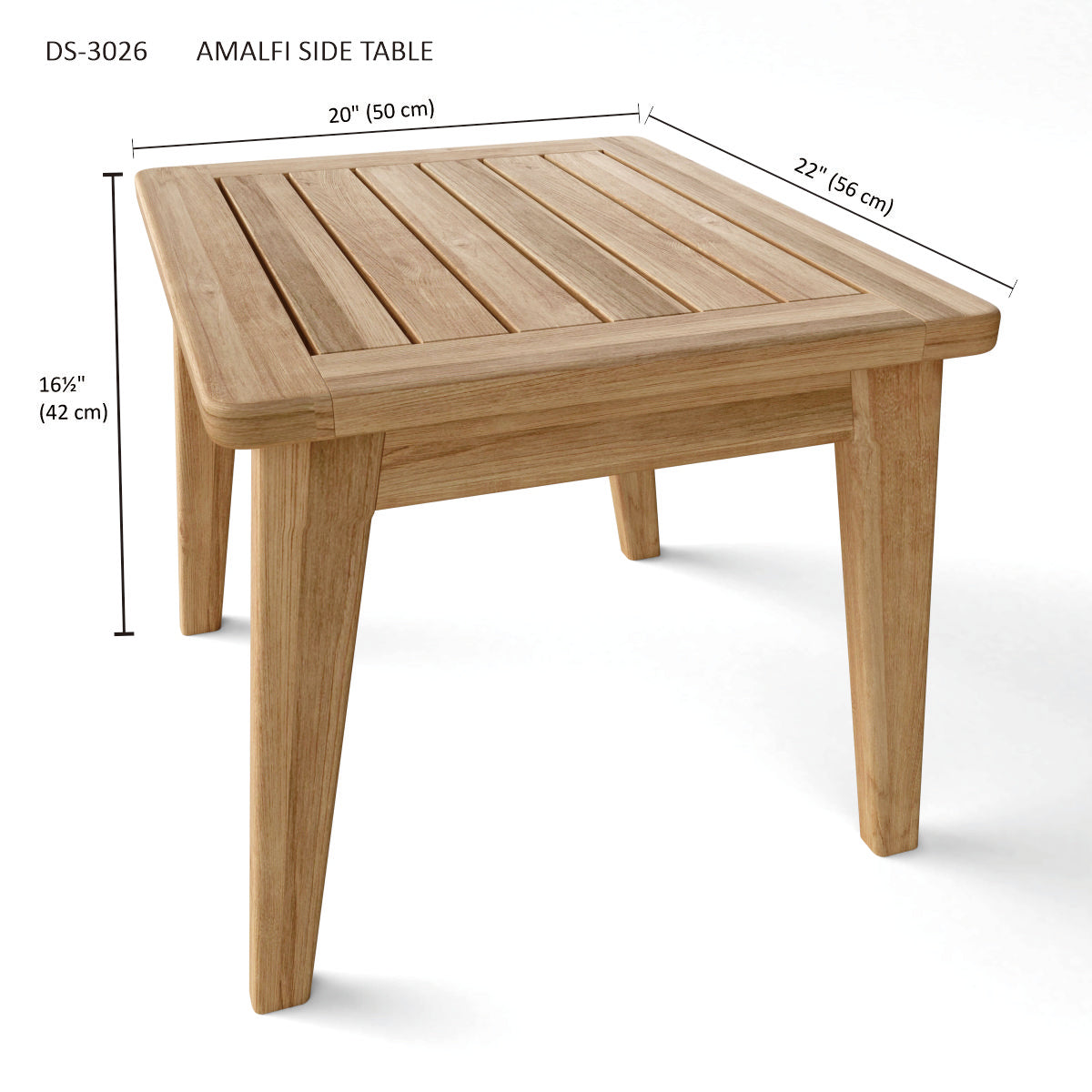 Wooden side table with dimensions on a white background