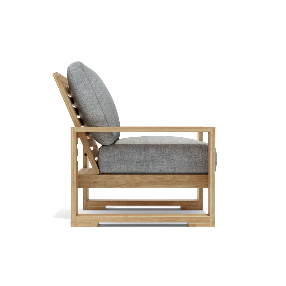 Wooden chair with gray cushions on a white background