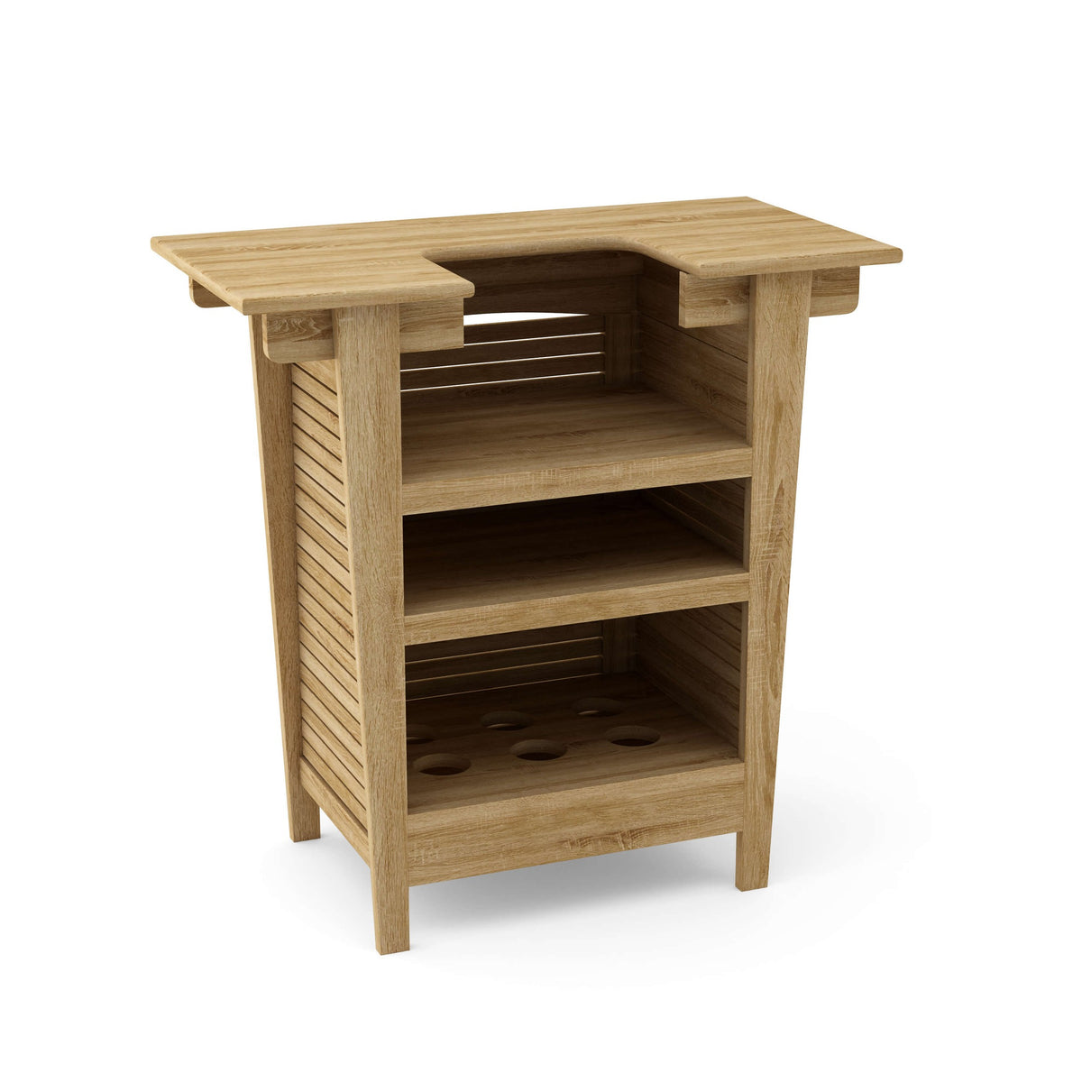 Wooden corner unit with shelves on a white background