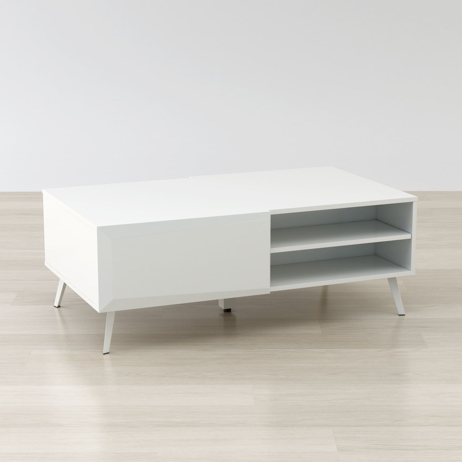 White coffee table with a minimalist design on a light wooden floor.