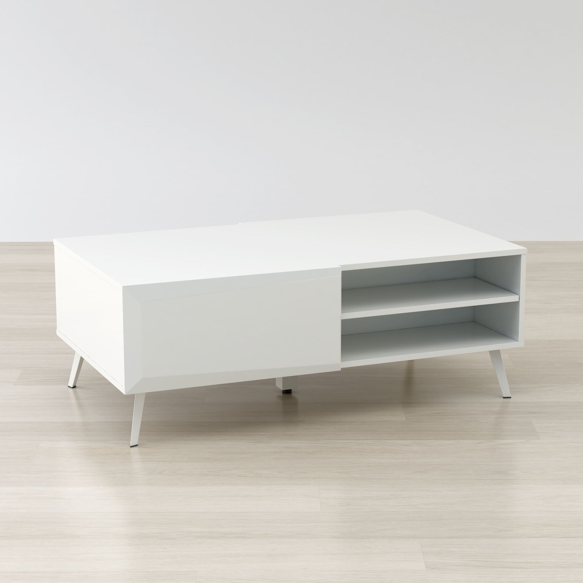 White coffee table with a minimalist design on a light wooden floor.