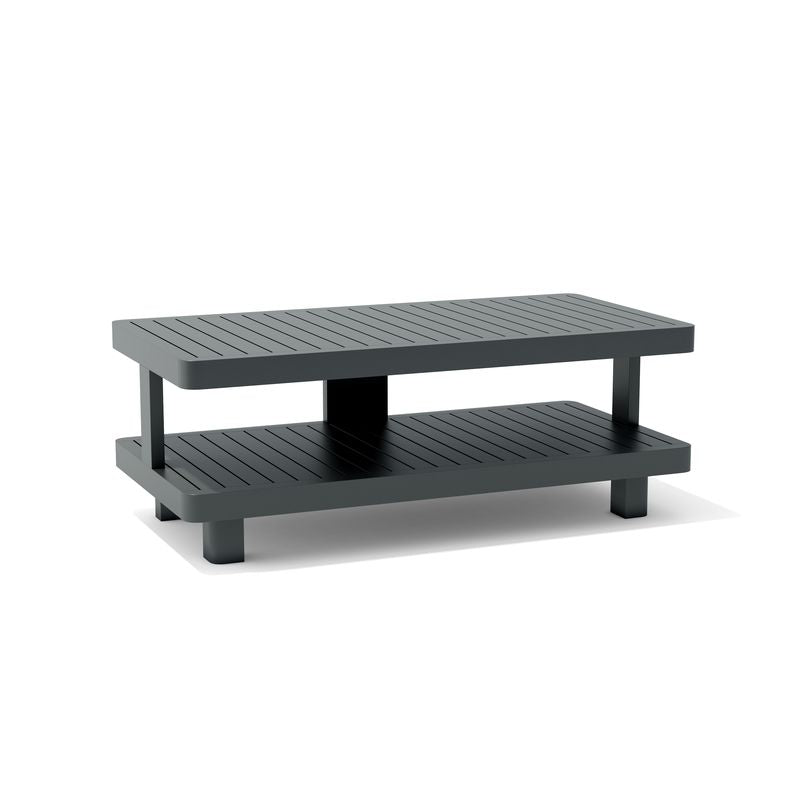 Black rectangular coffee table with a shelf on a white background