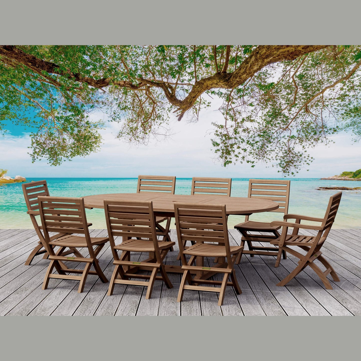 Wooden outdoor dining set on a deck with ocean view