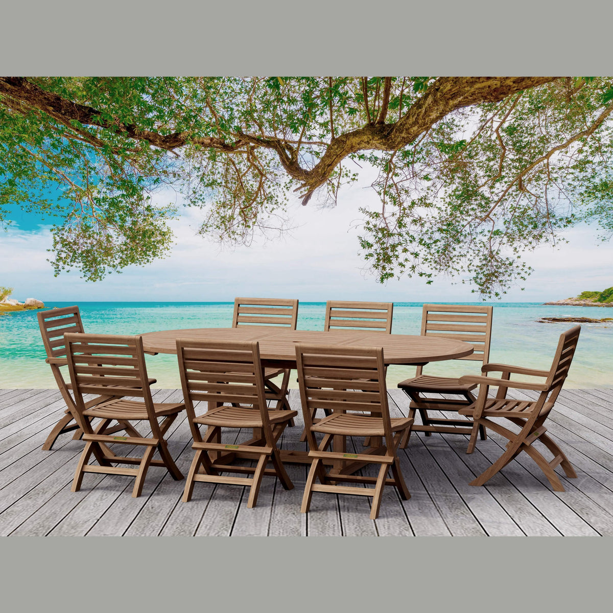 Wooden outdoor dining set on a deck with ocean view