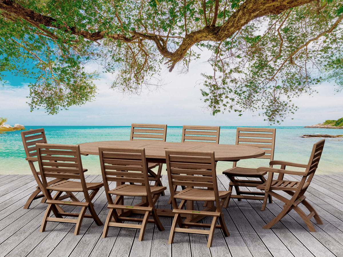 Wooden outdoor dining set on a deck with ocean view