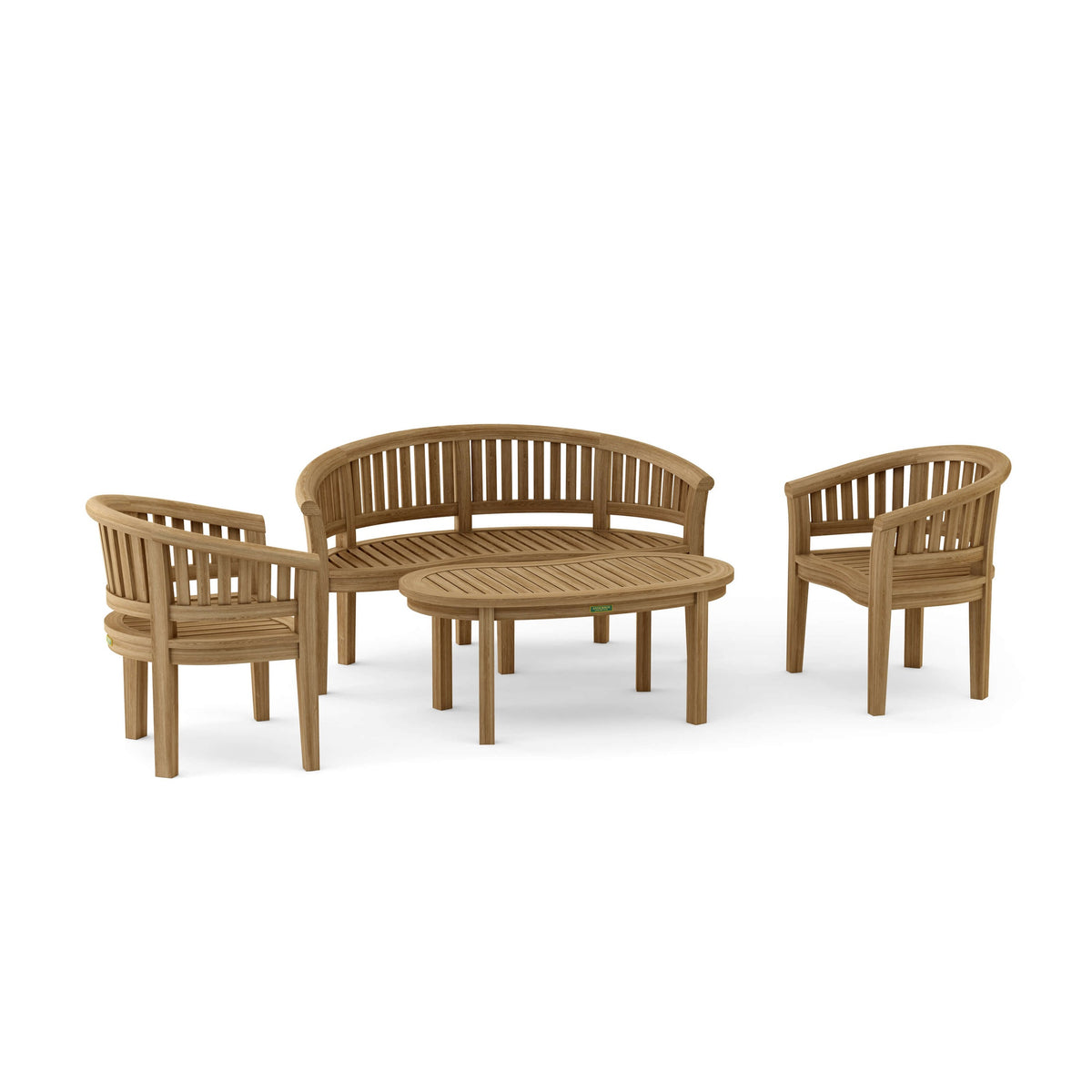 Wooden outdoor furniture set with a bench and two chairs on a white background