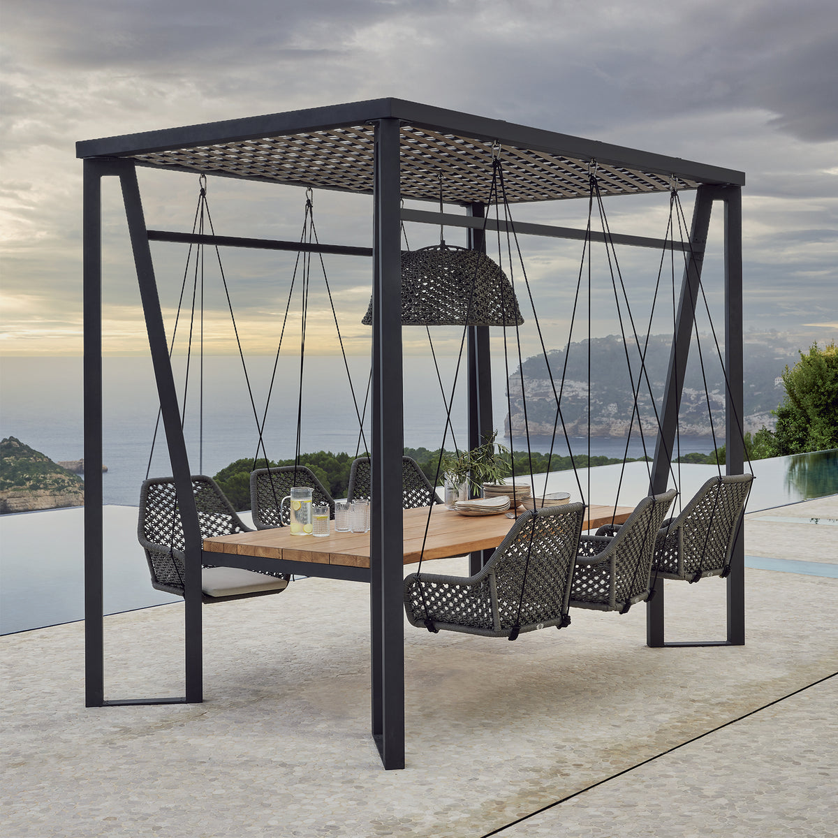 Skyline Design Horizon Pergola with Lamp, Hanging Chairs &amp; Teak Table