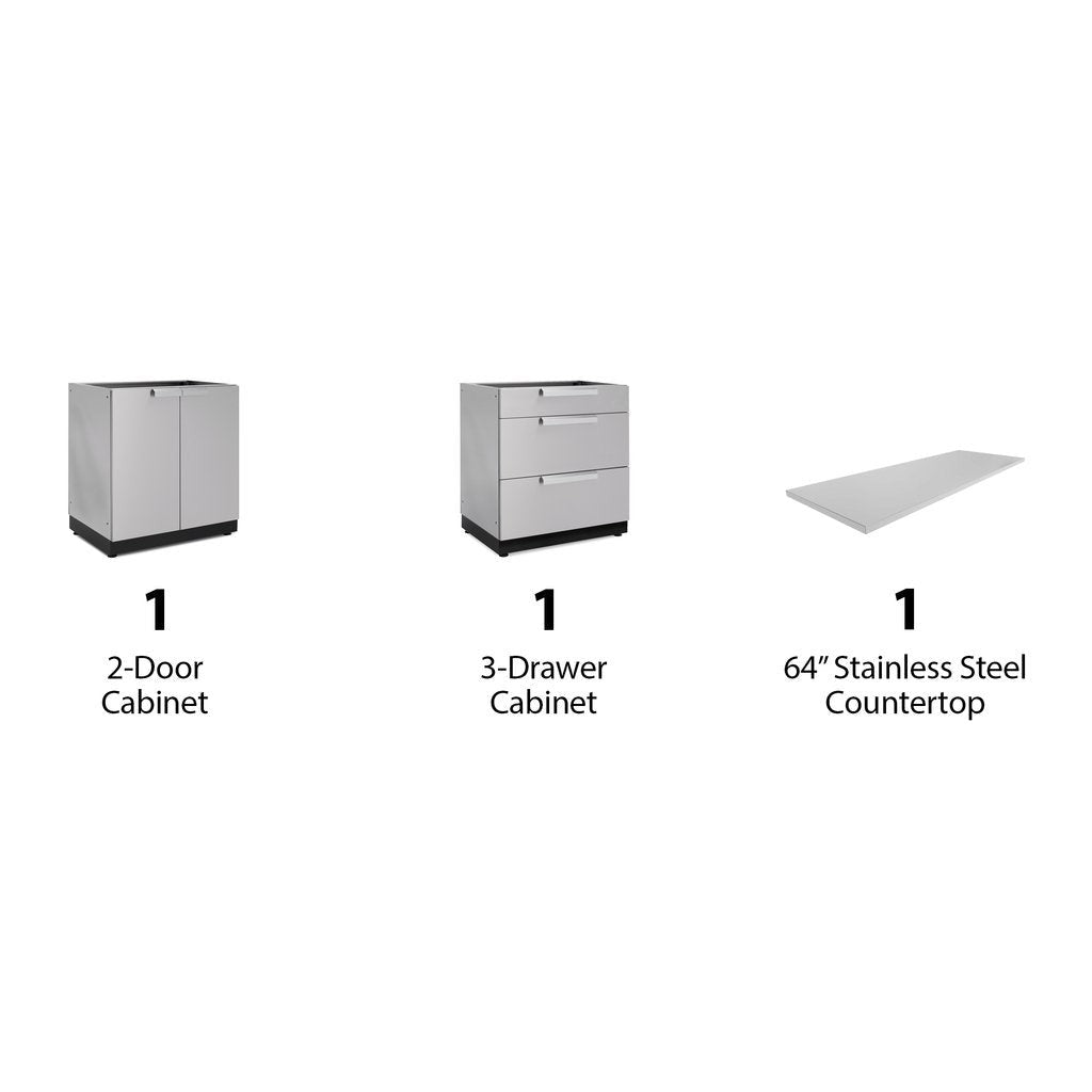 NewAge Outdoor Kitchen 3 PC Cabinet Set in Stainless Steel with Countertops 65104 - BetterPatio.com