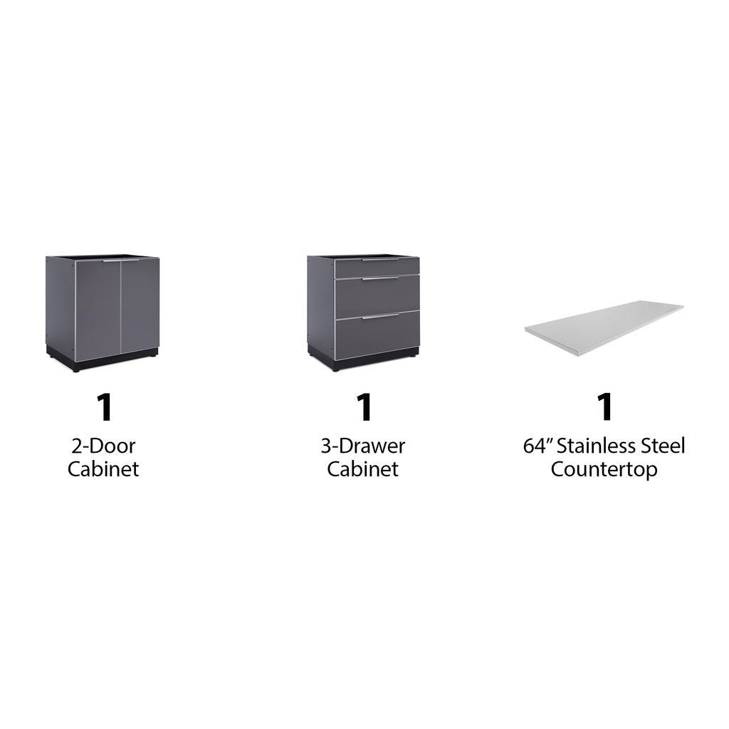 NewAge Outdoor Kitchen 3 PC Cabinet Set in Slate Gray with Countertops 65309 - BetterPatio.com