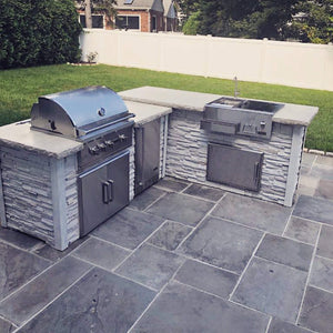 RTA Outdoor Living L-Shaped Outdoor Kitchen Island with Coyote 30 Inch S-Series Grill, Fridge and Bar Center - BetterPatio.com