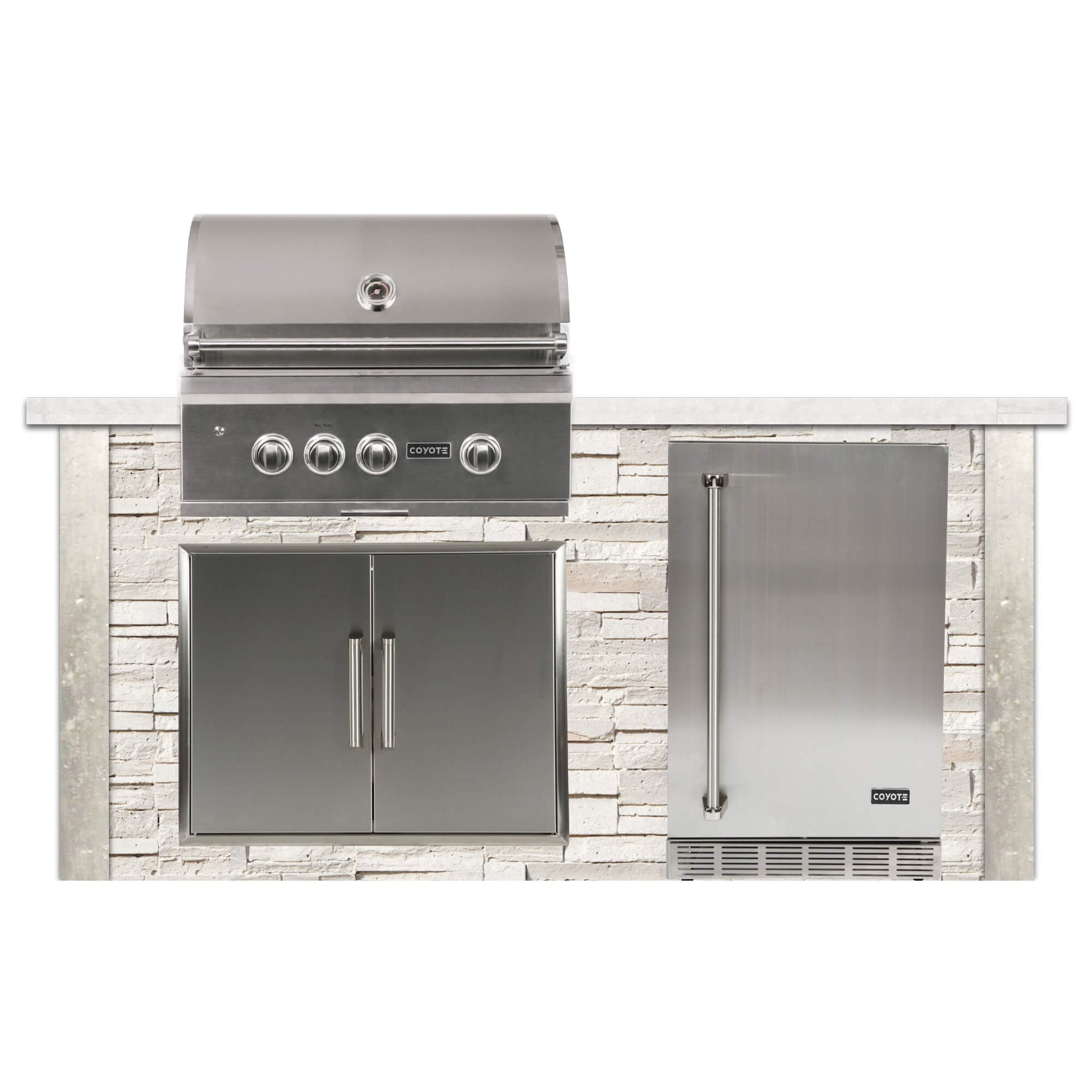 RTA Outdoor Living L-Shaped Outdoor Kitchen Island with Coyote 30 Inch S-Series Grill, Fridge and Bar Center - BetterPatio.com