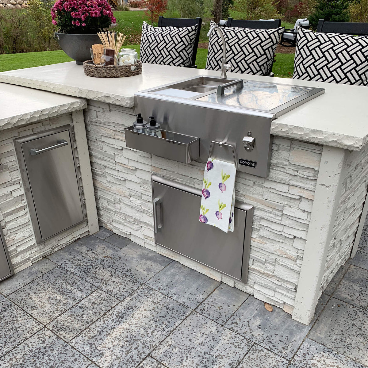 RTA Outdoor Living L-Shaped Outdoor Kitchen Island with Coyote 30 Inch S-Series Grill, Fridge and Bar Center - BetterPatio.com