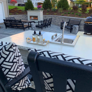 RTA Outdoor Living L-Shaped Outdoor Kitchen Island with Coyote 30 Inch S-Series Grill, Fridge and Bar Center - BetterPatio.com