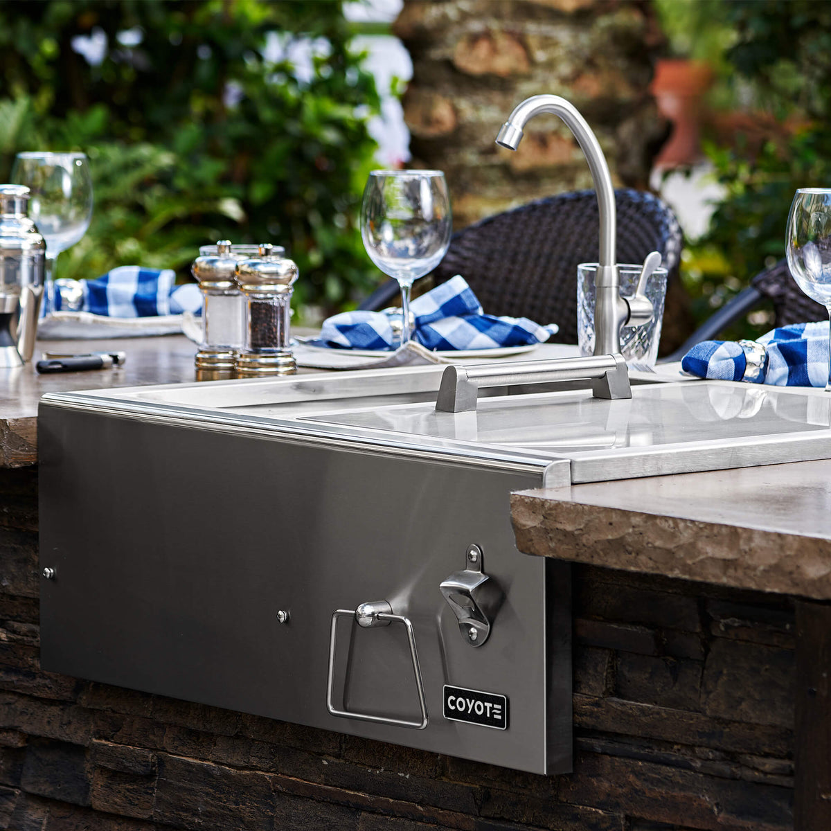 RTA Outdoor Living L-Shaped Outdoor Kitchen Island with Coyote 30 Inch S-Series Grill, Fridge and Bar Center - BetterPatio.com