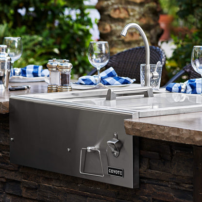RTA Outdoor Living L-Shaped Outdoor Kitchen Island with Coyote 30 Inch S-Series Grill, Fridge and Bar Center - BetterPatio.com