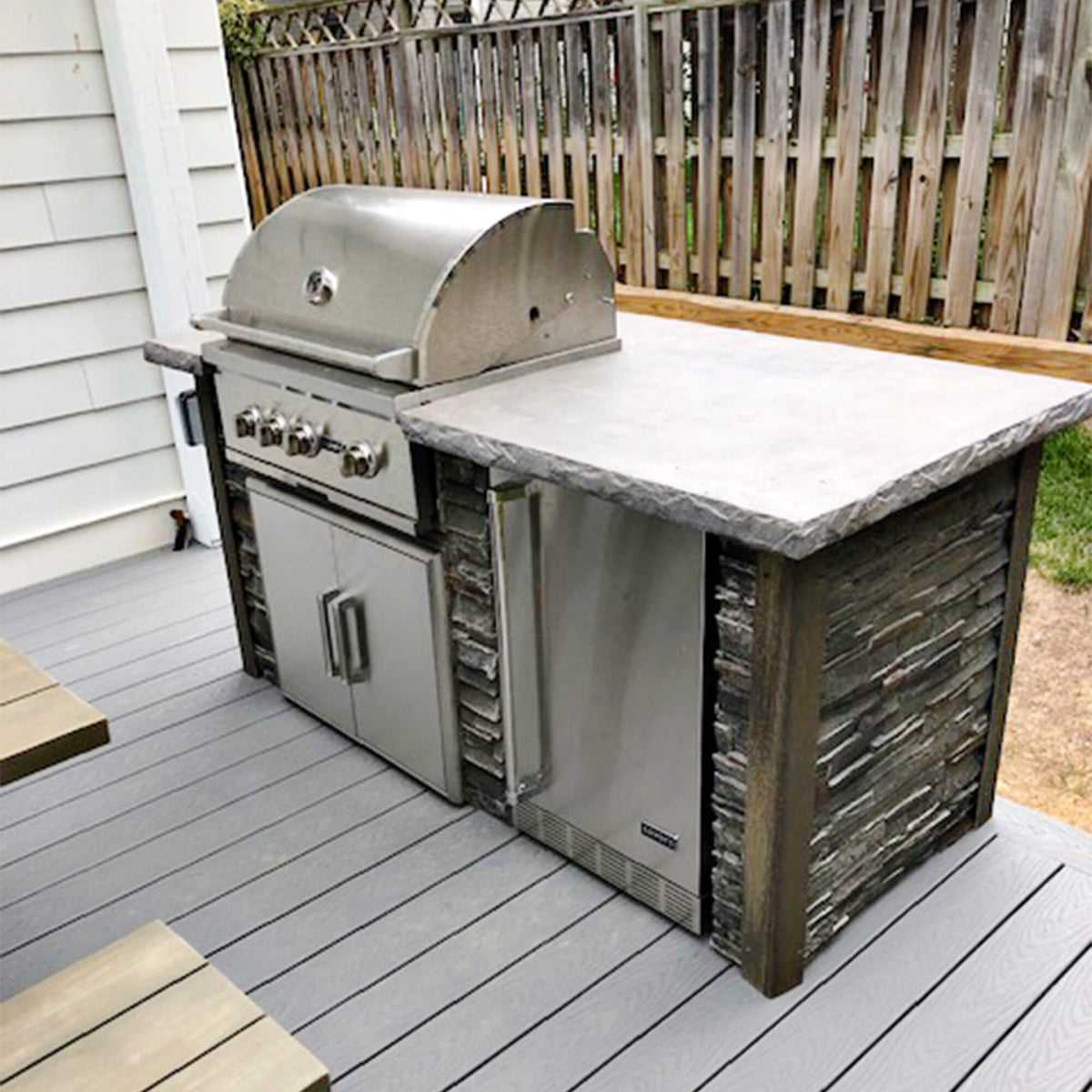 RTA Outdoor Living L-Shaped Outdoor Kitchen Island with Coyote 30 Inch S-Series Grill, Fridge and Bar Center - BetterPatio.com