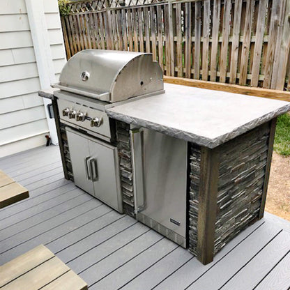 RTA Outdoor Living L-Shaped Outdoor Kitchen Island with Coyote 30 Inch S-Series Grill, Fridge and Bar Center - BetterPatio.com
