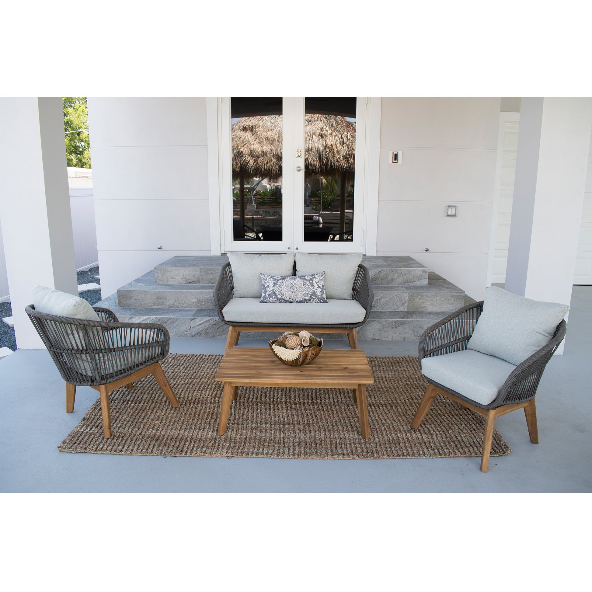 Hospitality Rattan Divers Cove 4-Piece Settee Acacia Wood Set - natural acacia wood patio settee set