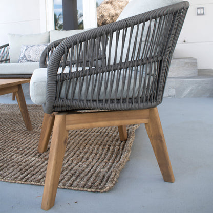 Hospitality Rattan Divers Cove 4-Piece Settee Acacia Wood Set - acacia wood outdoor settee angled view