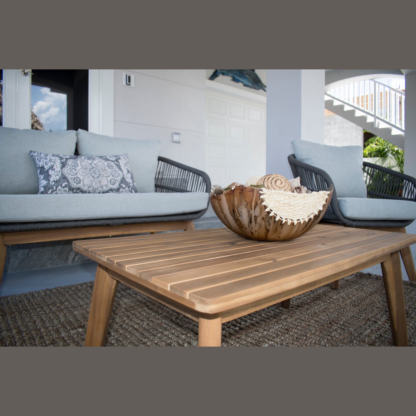 Hospitality Rattan Divers Cove 4-Piece Settee Acacia Wood Set - acacia wood settee seating close-up