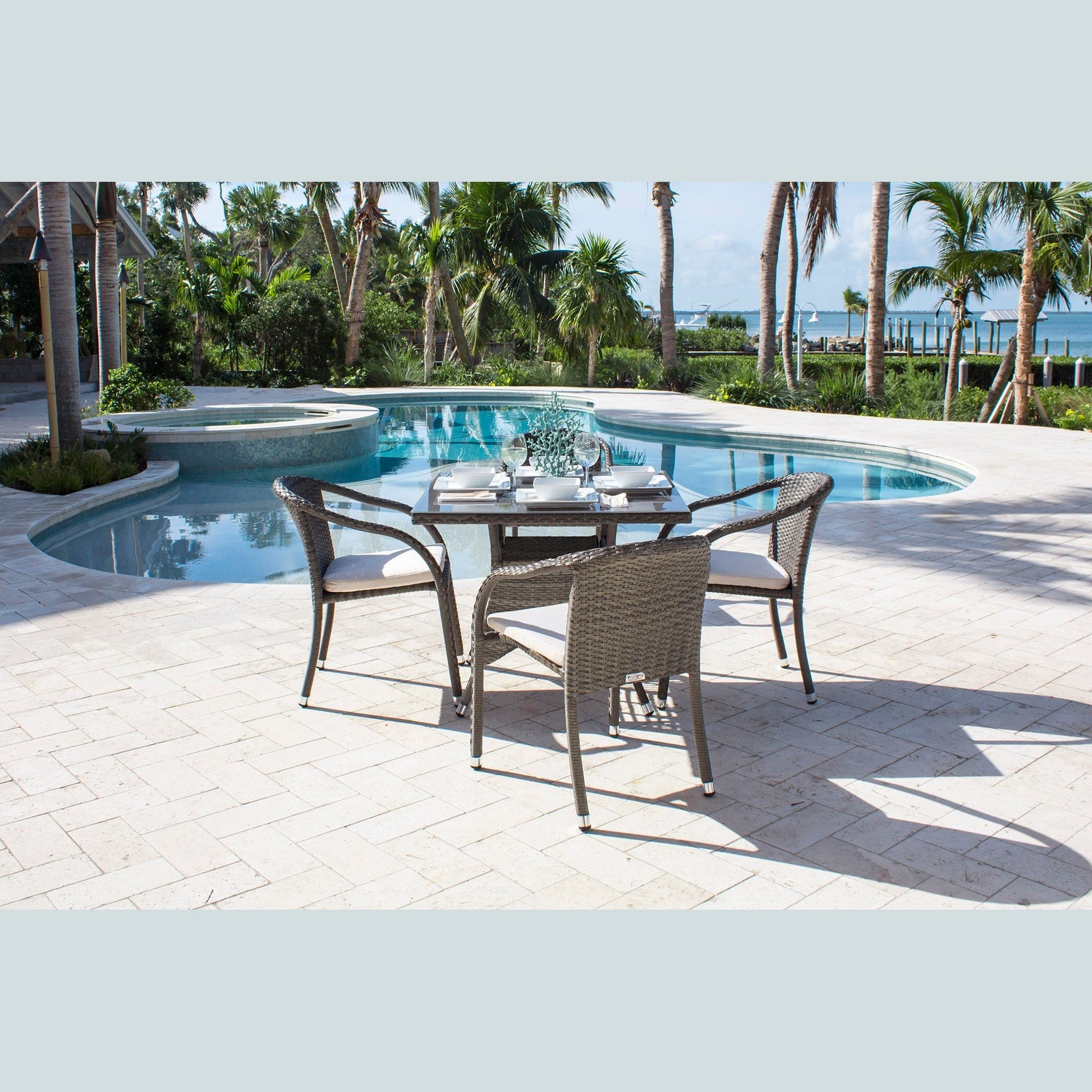 Ultra 5-Piece Stackable Woven Armchair Dining Set with Cushions | Hospitality Rattan Patio