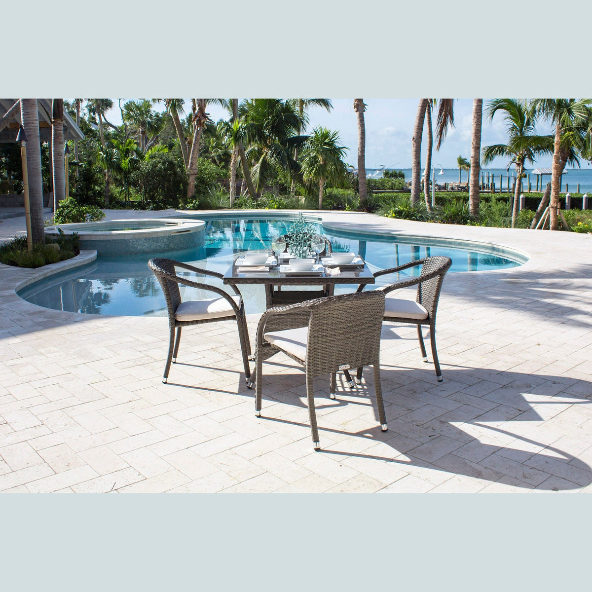 Ultra 5-Piece Stackable Woven Armchair Dining Set with Cushions | Hospitality Rattan Patio