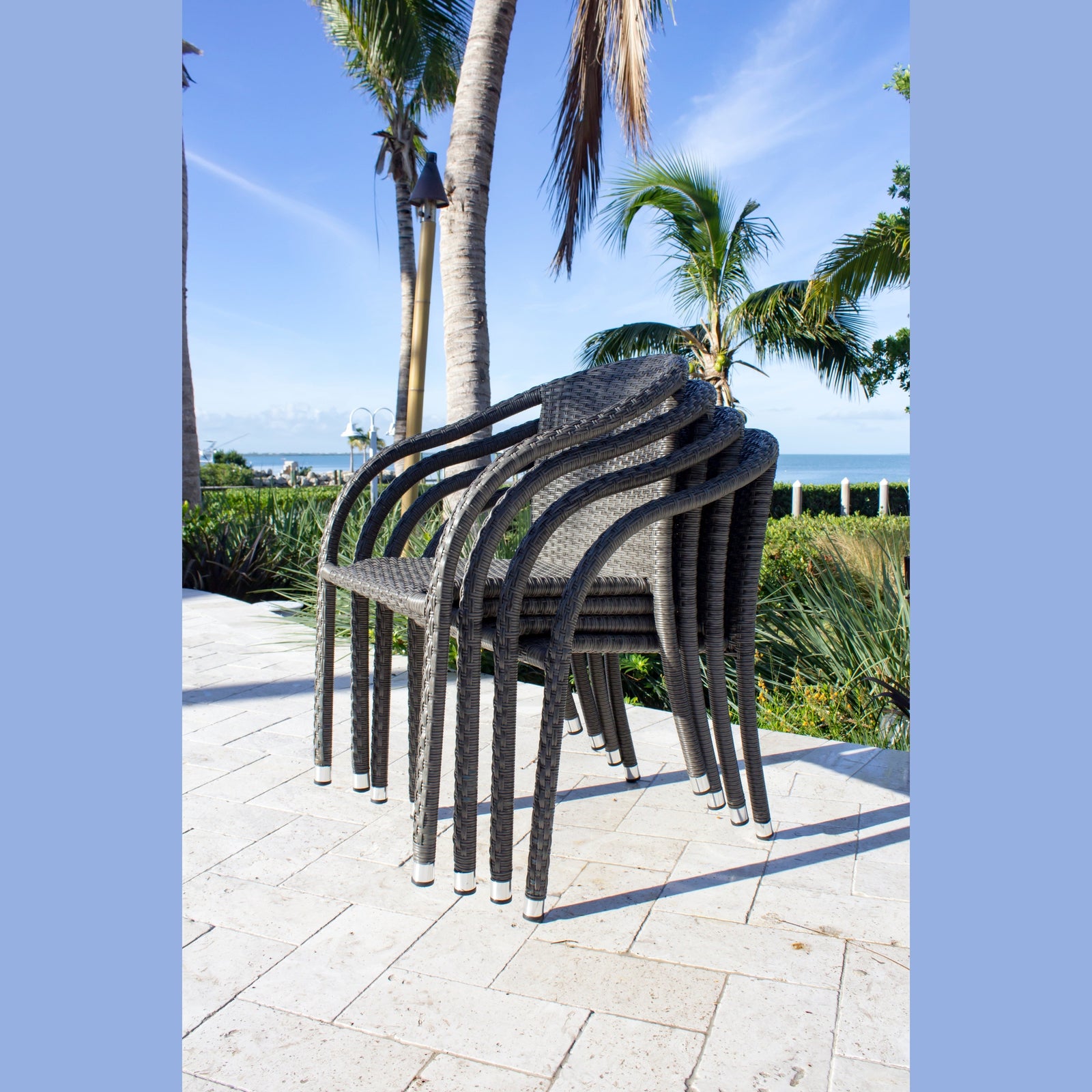 Ultra 5-Piece Stackable Woven Armchair Dining Set with Cushions | Hospitality Rattan Patio