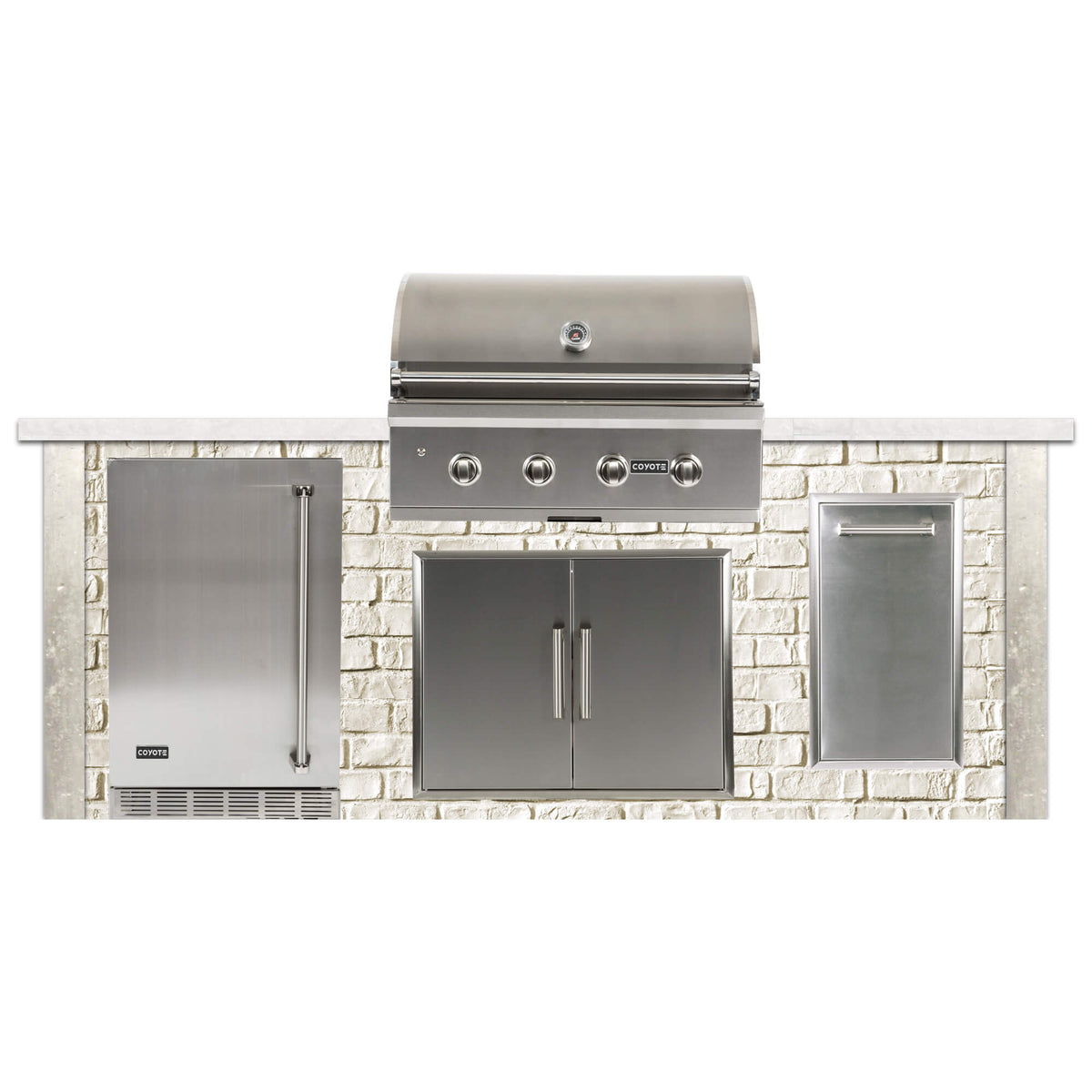 RTA Outdoor Living 8 foot L-Shaped Outdoor Kitchen Island with Coyote 30 Inch S-Series Grill, Fridge and Storage Bar - BetterPatio.com
