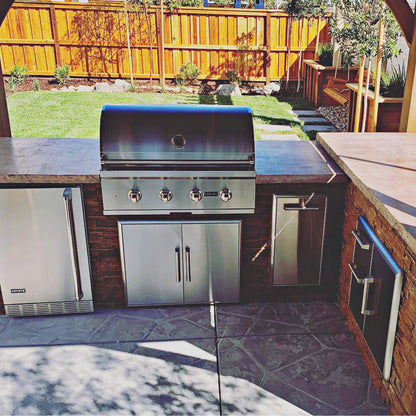 RTA Outdoor Living 8 foot L-Shaped Outdoor Kitchen Island with Coyote 30 Inch S-Series Grill, Fridge and Storage Bar - BetterPatio.com