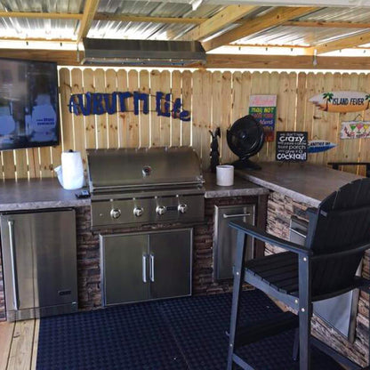 RTA Outdoor Living 8 foot L-Shaped Outdoor Kitchen Island with Coyote 30 Inch S-Series Grill, Fridge and Storage Bar - BetterPatio.com