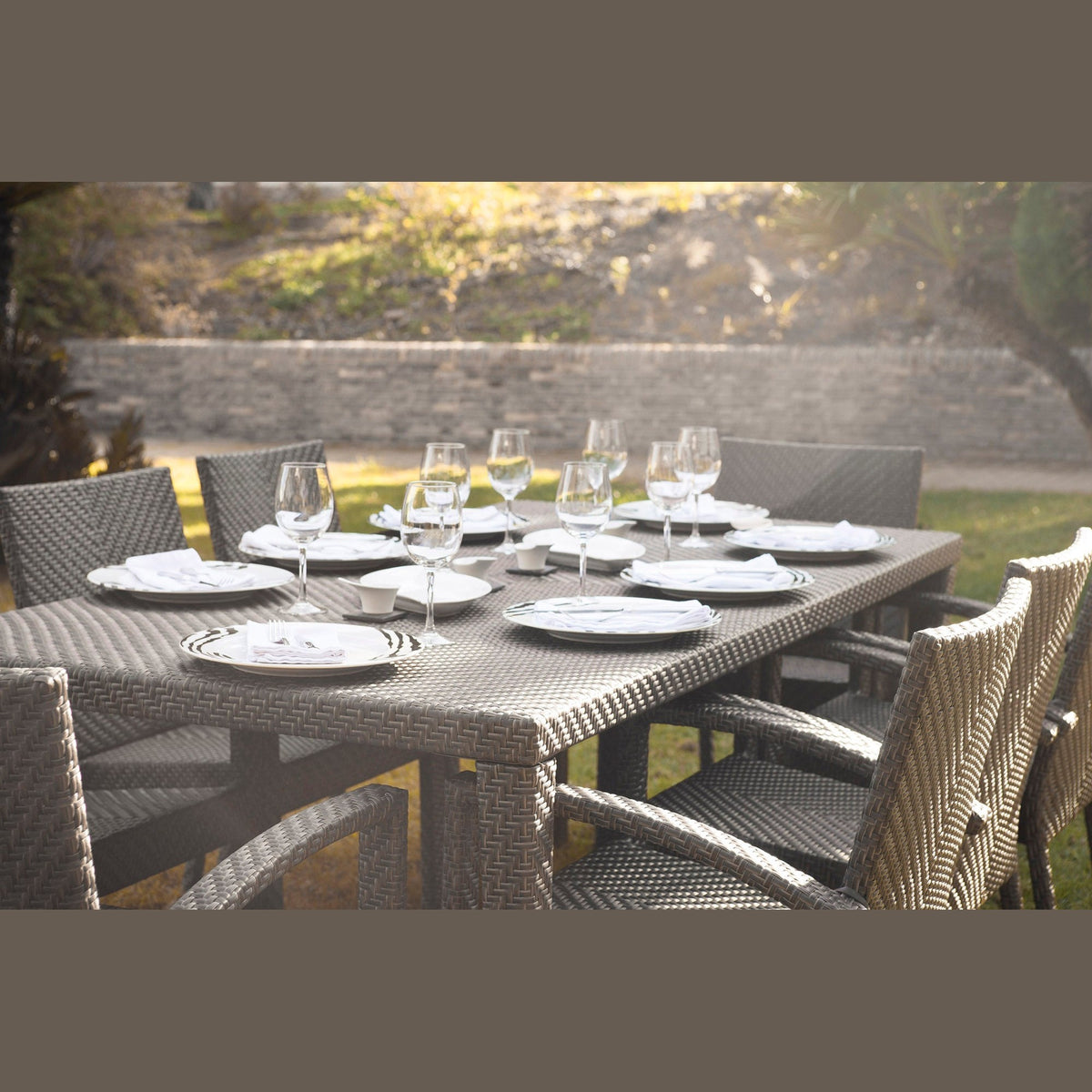 Soho 9-Piece Rectangular Dining Arm Chair Set with Cushions | Hospitality Rattan Patio