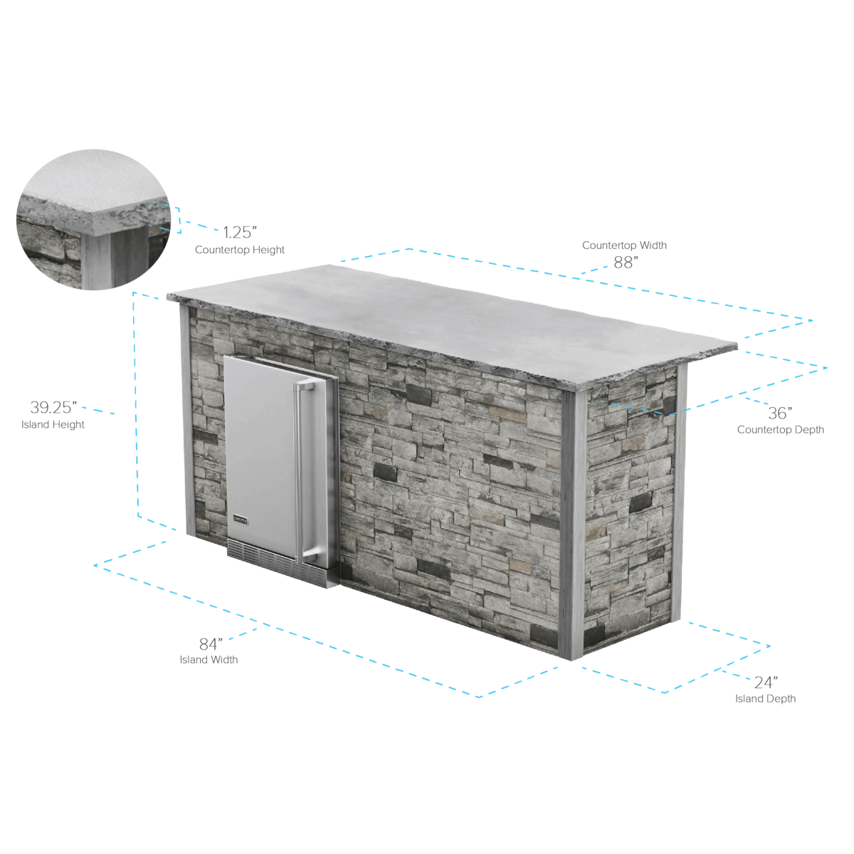 RTA Outdoor Living 7 Foot Refrigeration Bar Island with Coyote 24" Refrigerator - spec dimensions graphic