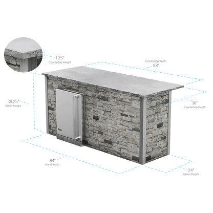 RTA Outdoor Living 7 Foot Refrigeration Bar Island with Coyote 24" Refrigerator - spec dimensions graphic