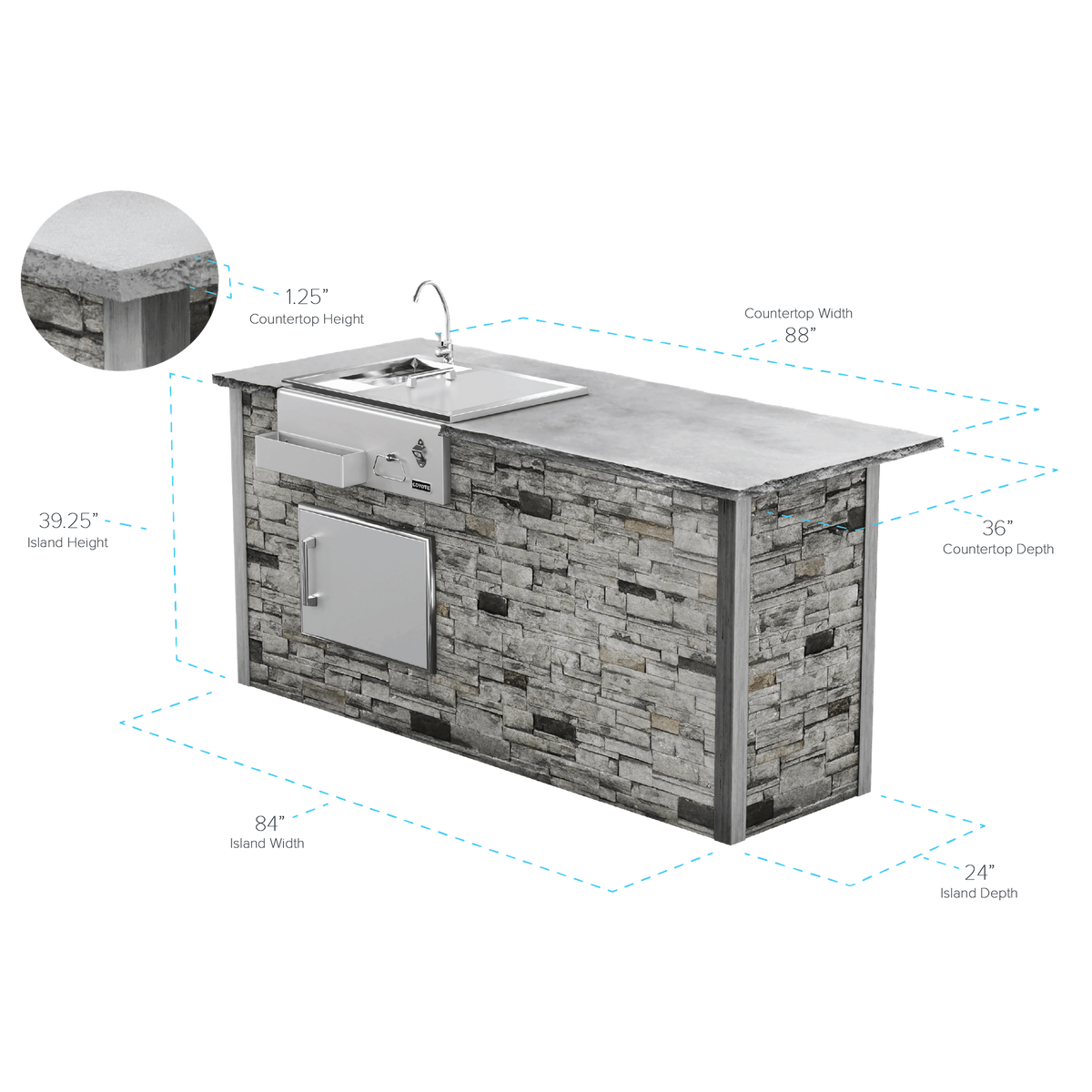 RTA Outdoor Living 7 Foot Bar Island with Coyote Refreshment Center - spec dimensions graphic
