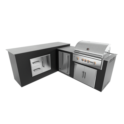 RTA Outdoor Living M6 L-Shape Refrigeration Island With Storage Bar Island - Jet Black finish, double door cabinet