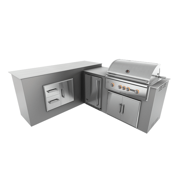 RTA Outdoor Living M6 L-Shape Refrigeration Island With Storage Bar Island - Stainless Steel finish, double door cabinet