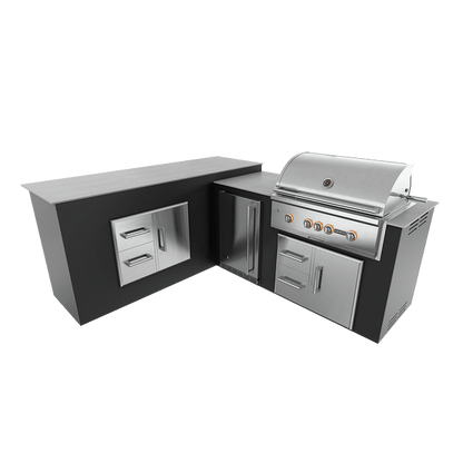RTA Outdoor Living M6 L-Shape Refrigeration Island With Storage Bar Island - Jet Black finish, drawer door cabinet