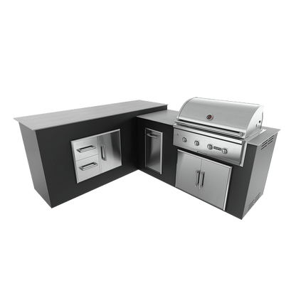 RTA Outdoor Living M6 L-Shape Island with Waste Bin With Storage Bar Island - Jet Black finish, double door cabinet