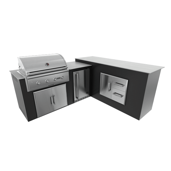 RTA Outdoor Living M6 L-Shape Refrigeration Island With Storage Bar Island - Jet Black finish, double door cabinet