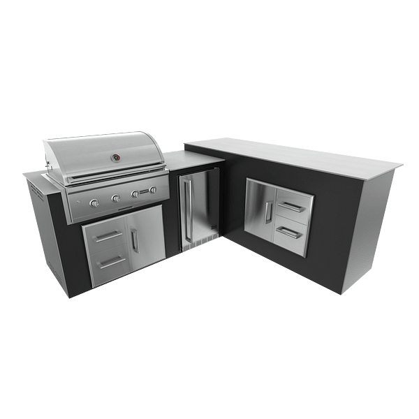 RTA Outdoor Living M6 L-Shape Refrigeration Island With Storage Bar Island - Jet Black finish, drawer door cabinet