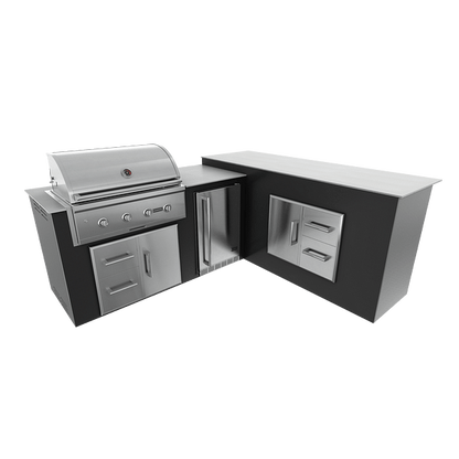 RTA Outdoor Living M6 L-Shape Refrigeration Island With Storage Bar Island - Jet Black finish, drawer door cabinet